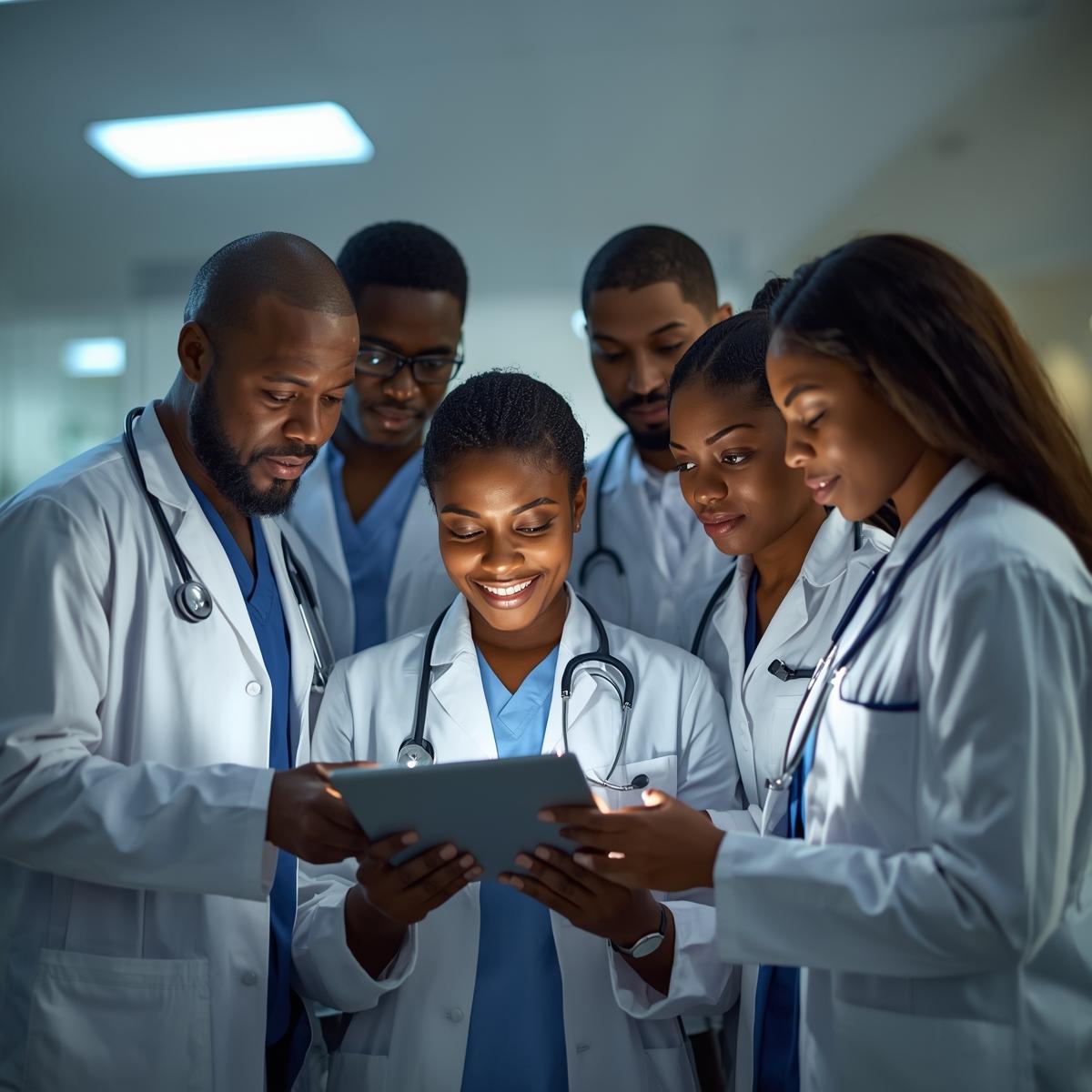 nigerian healthcare staff collaborating in a clean, modern clinic environment, reviewing care notes on a tablet, professional and trustworthy mood, soft lighting, realistic photo style.”